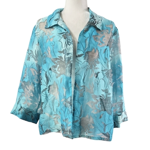 Chico's Blue Floral Ombre Mesh Sheer Open Front Lightweight Topper Jacket - Picture 1 of 8